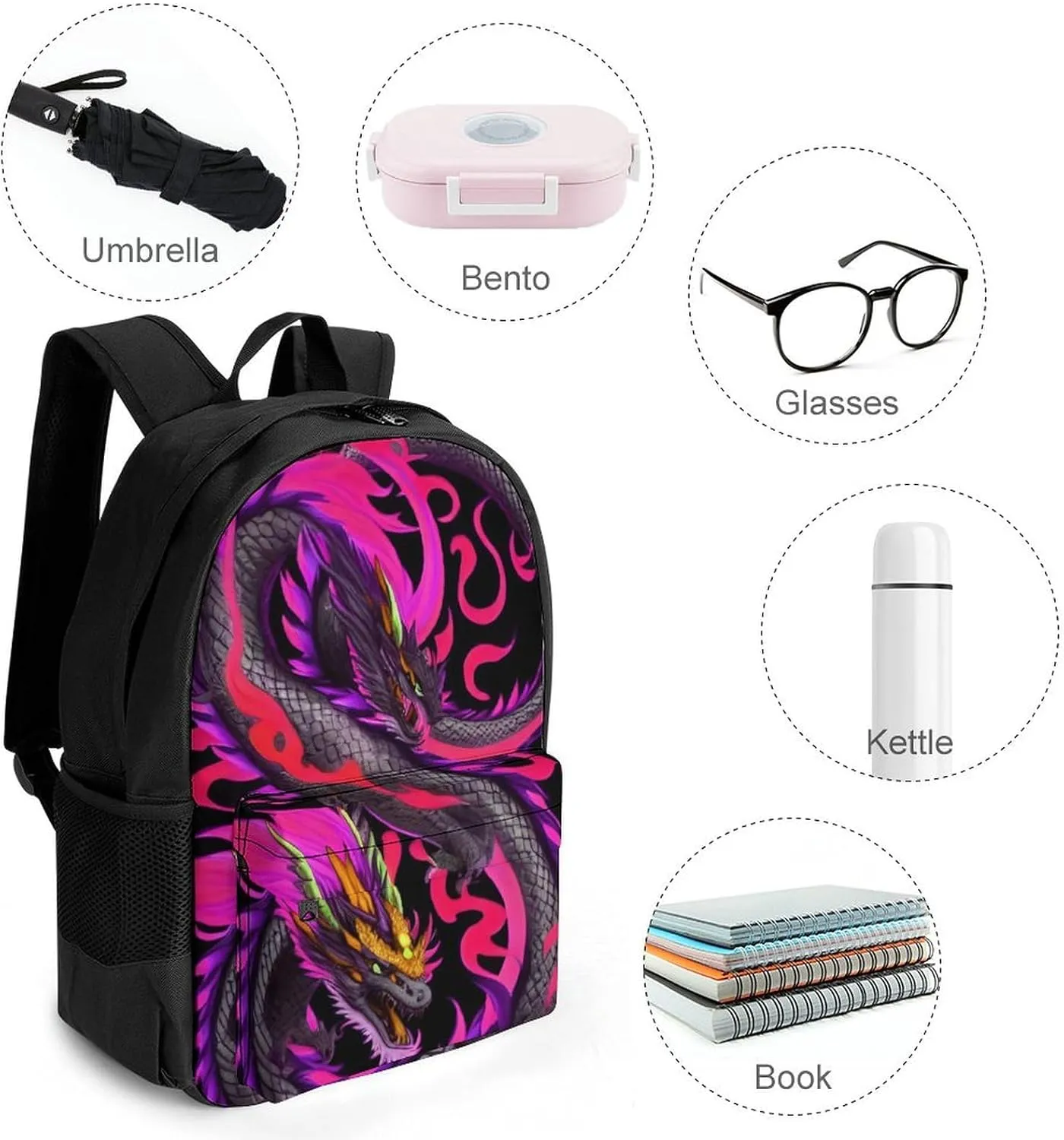 Men & Women Lightweight Burning Flaming Fire Chinese Dragon Art Casual Daypack Large Capacity Bookbag With Adjustable Shoulder Straps for Gym Business Bicycle
