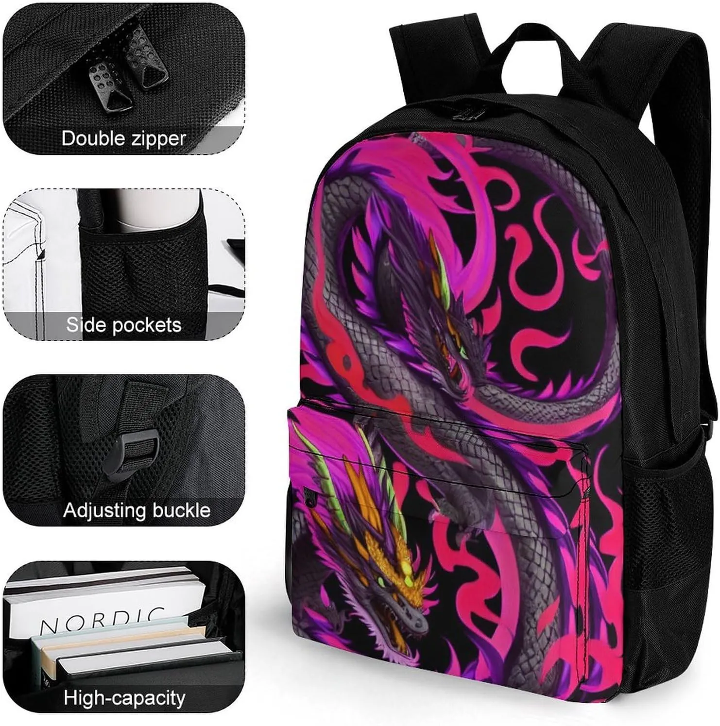 Men & Women Lightweight Burning Flaming Fire Chinese Dragon Art Casual Daypack Large Capacity Bookbag With Adjustable Shoulder Straps for Gym Business Bicycle