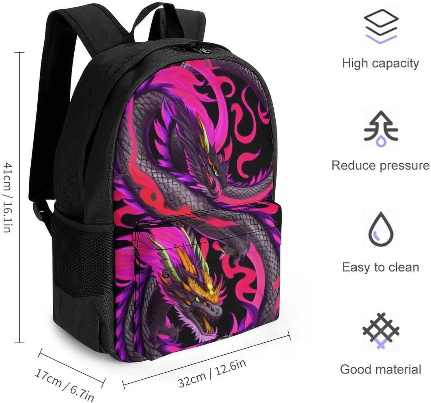 Men & Women Lightweight Burning Flaming Fire Chinese Dragon Art Casual Daypack Large Capacity Bookbag With Adjustable Shoulder Straps for Gym Business Bicycle