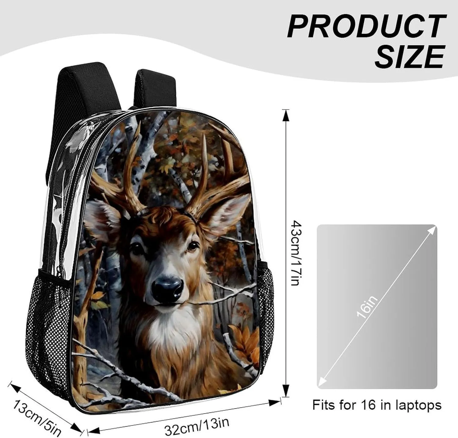 Men & Women Lightweight Camo Elk Deer Withered Branches Casual Daypack Large Capacity Bookbag Transparent Bag for Gym Business Bicycle