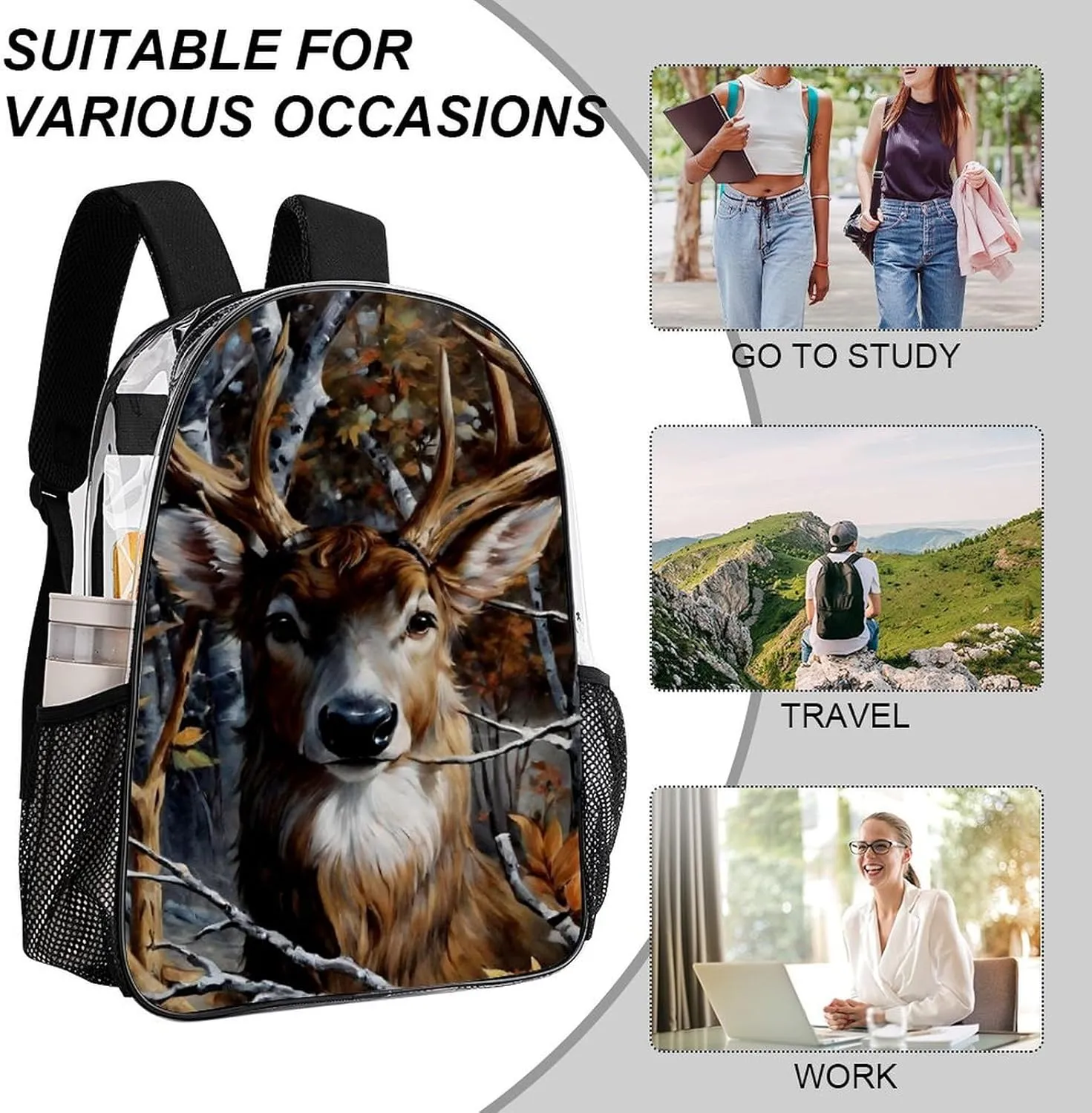 Men & Women Lightweight Camo Elk Deer Withered Branches Casual Daypack Large Capacity Bookbag Transparent Bag for Gym Business Bicycle