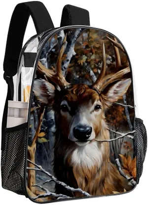 Men & Women Lightweight Camo Elk Deer Withered Branches Casual Daypack Large Capacity Bookbag Transparent Bag for Gym Business Bicycle