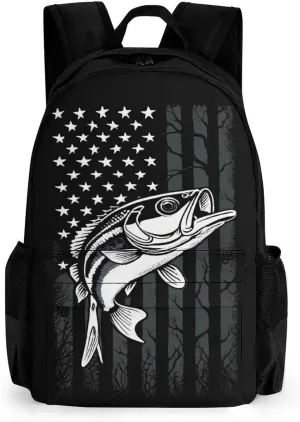 Men & Women Polyester Bass Fishing Lure Camo Camouflage American Fl Backpack Large Capacity Bookbag With Smooth Zippers for Climbing Picnic Bicycle