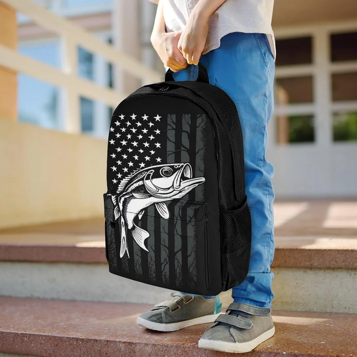 Men & Women Polyester Bass Fishing Lure Camo Camouflage American Fl Backpack Large Capacity Bookbag With Smooth Zippers for Climbing Picnic Bicycle