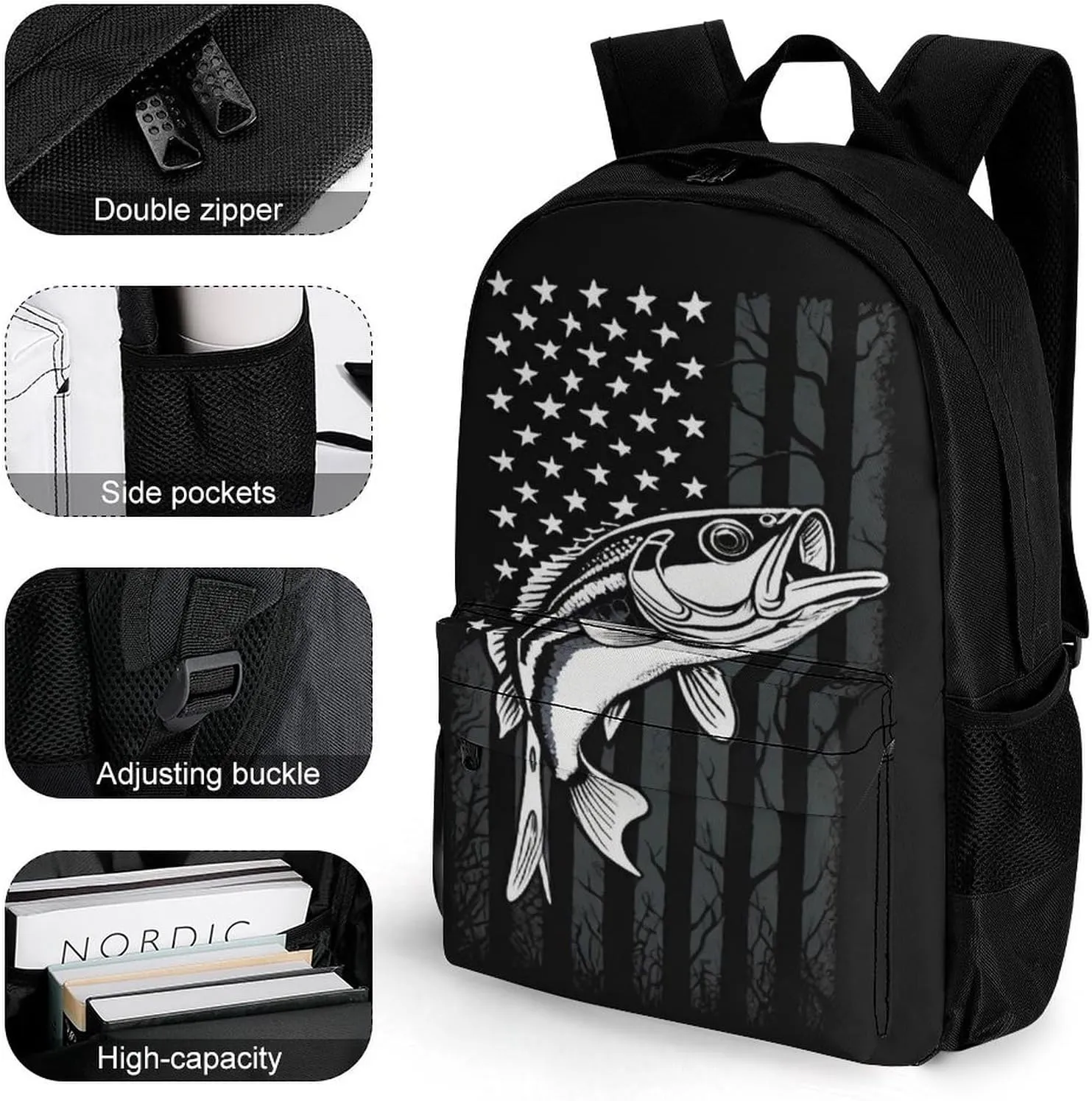 Men & Women Polyester Bass Fishing Lure Camo Camouflage American Fl Backpack Large Capacity Bookbag With Smooth Zippers for Climbing Picnic Bicycle