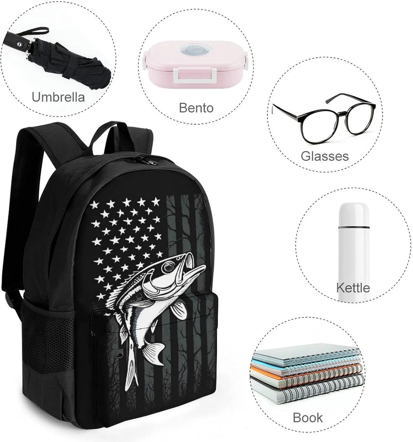 Men & Women Polyester Bass Fishing Lure Camo Camouflage American Fl Backpack Large Capacity Bookbag With Smooth Zippers for Climbing Picnic Bicycle