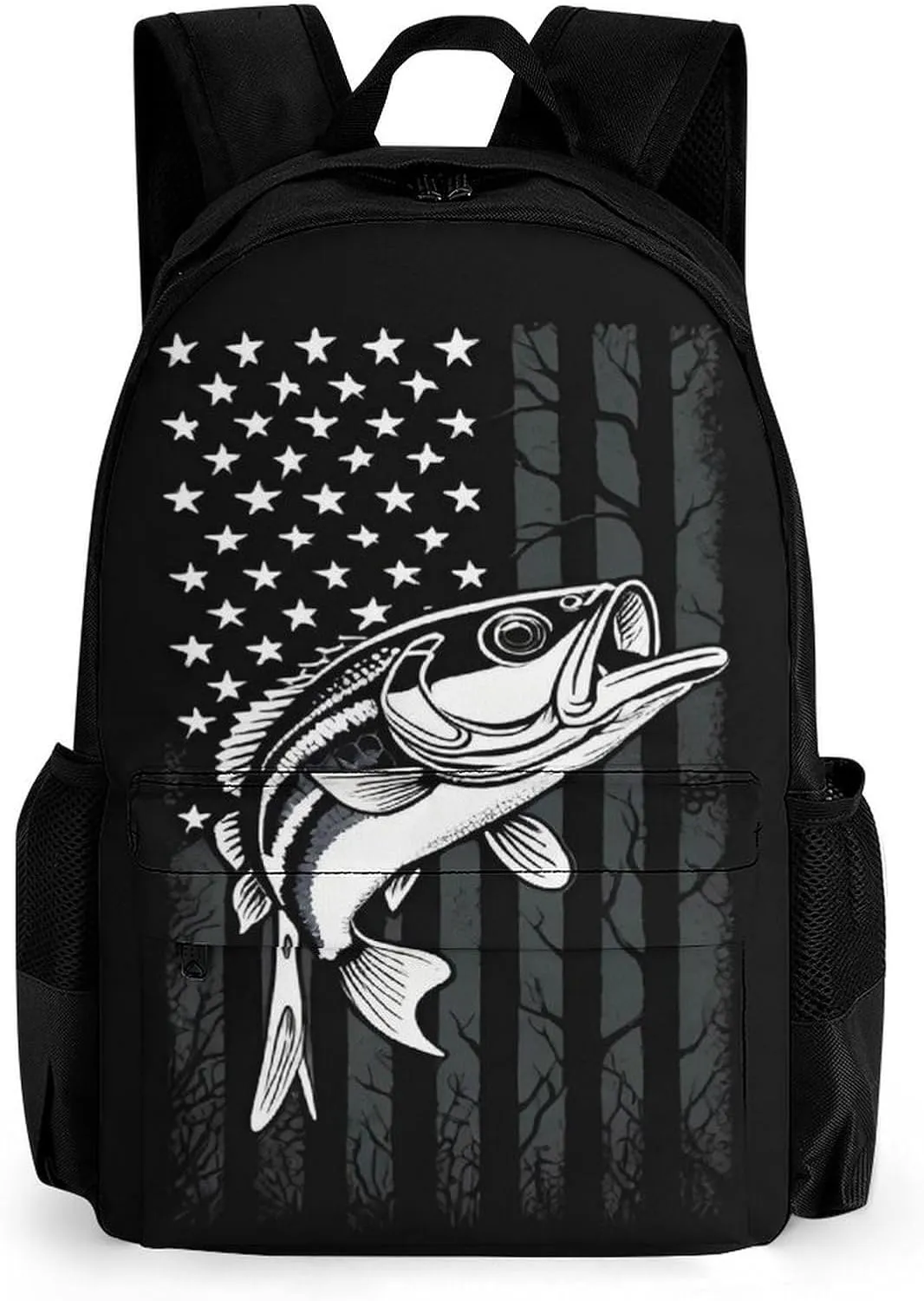 Men & Women Polyester Bass Fishing Lure Camo Camouflage American Fl Backpack Large Capacity Bookbag With Smooth Zippers for Climbing Picnic Bicycle