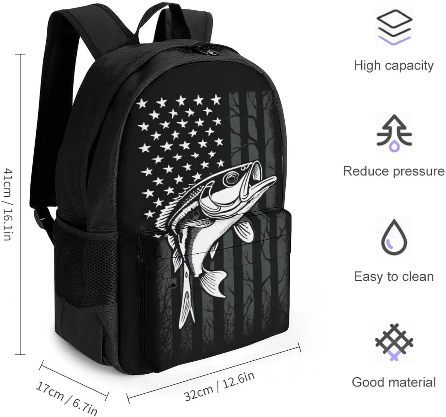 Men & Women Polyester Bass Fishing Lure Camo Camouflage American Fl Backpack Large Capacity Bookbag With Smooth Zippers for Climbing Picnic Bicycle