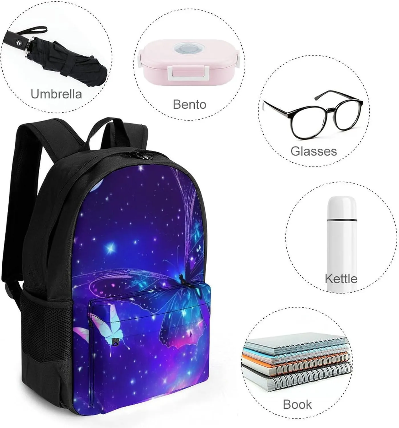 Men & Women Polyester Butterfly Moon Aesthetic Galaxy Space Art Backpack Large Capacity Bookbag With Smooth Zippers for Climbing Picnic Bicycle
