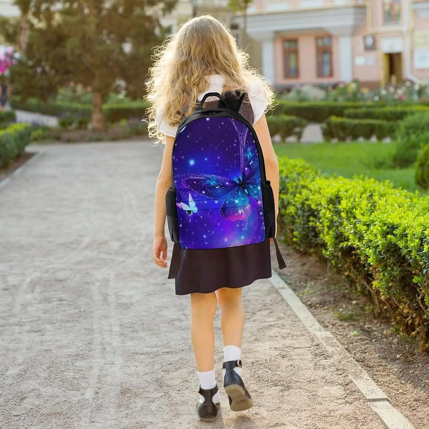 Men & Women Polyester Butterfly Moon Aesthetic Galaxy Space Art Backpack Large Capacity Bookbag With Smooth Zippers for Climbing Picnic Bicycle