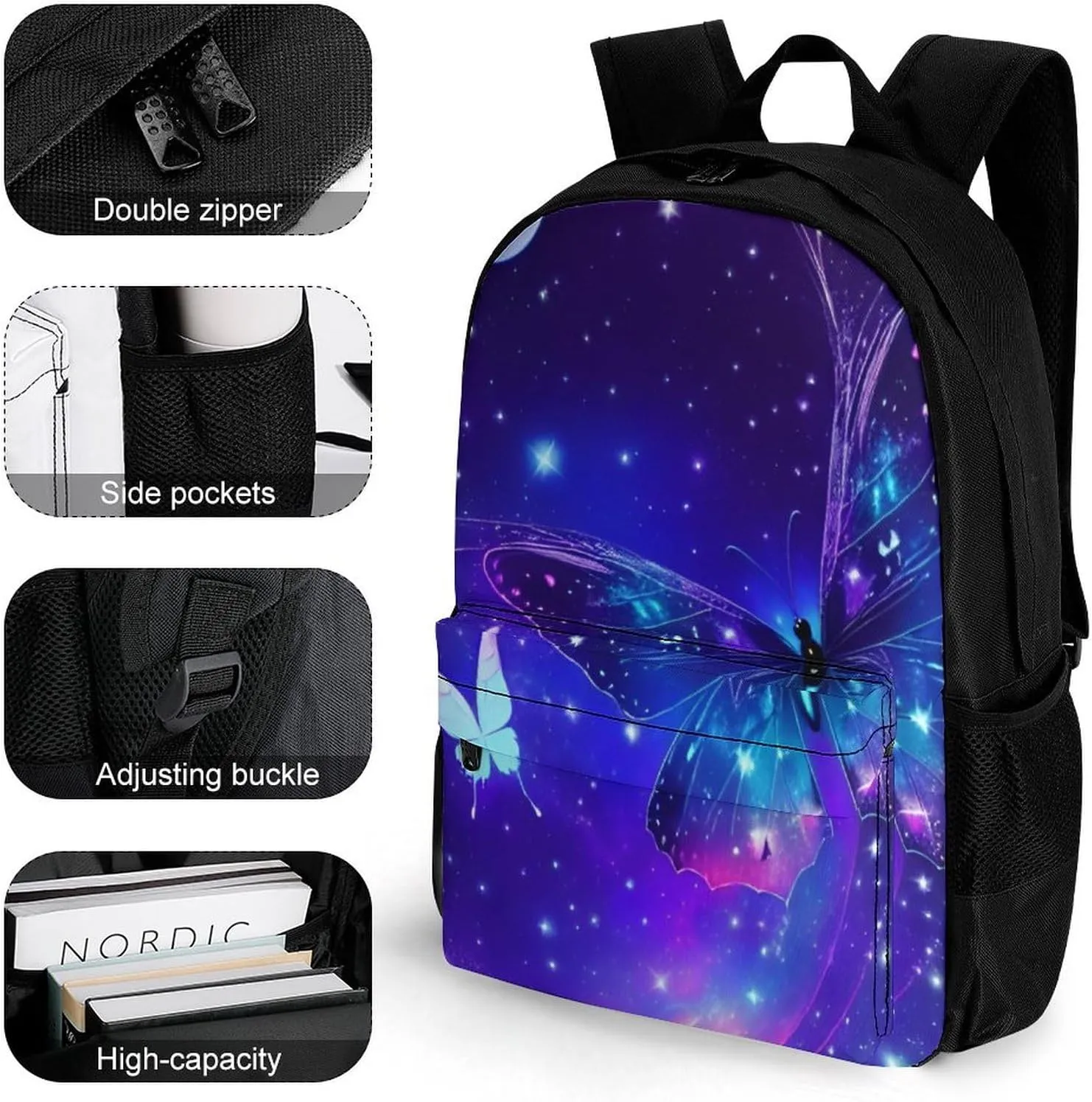 Men & Women Polyester Butterfly Moon Aesthetic Galaxy Space Art Backpack Large Capacity Bookbag With Smooth Zippers for Climbing Picnic Bicycle