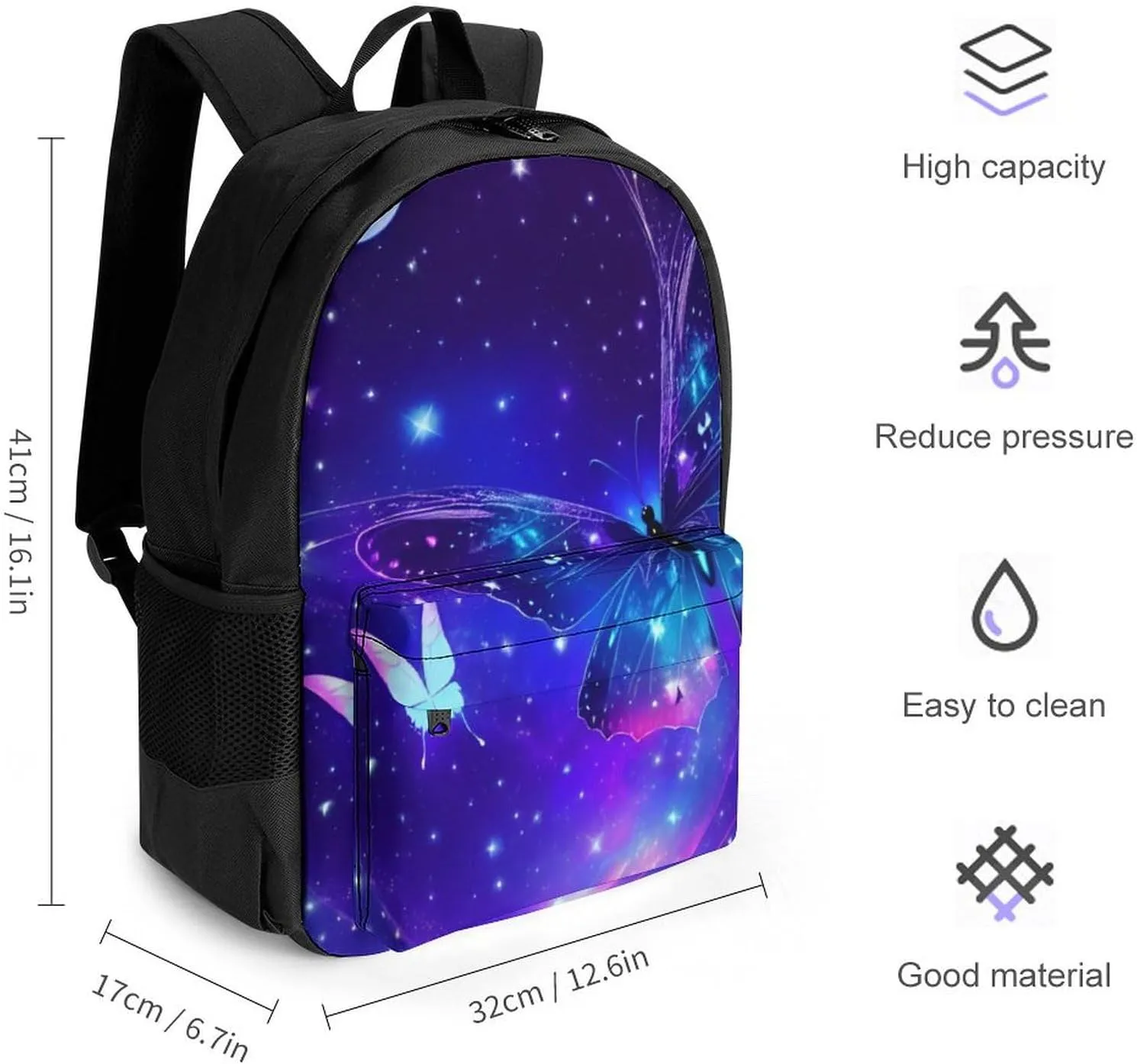 Men & Women Polyester Butterfly Moon Aesthetic Galaxy Space Art Backpack Large Capacity Bookbag With Smooth Zippers for Climbing Picnic Bicycle