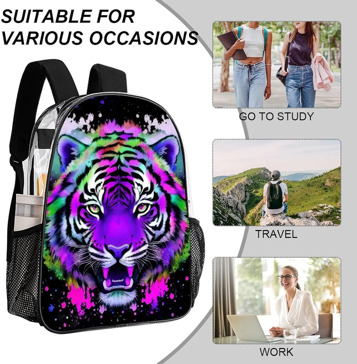 Men & Women Transparent Colorful Abstract King Of The Tiger Watercolor Art Backpack Large Capacity Bookbag With Smooth Zippers for Climbing Picnic Bicycle