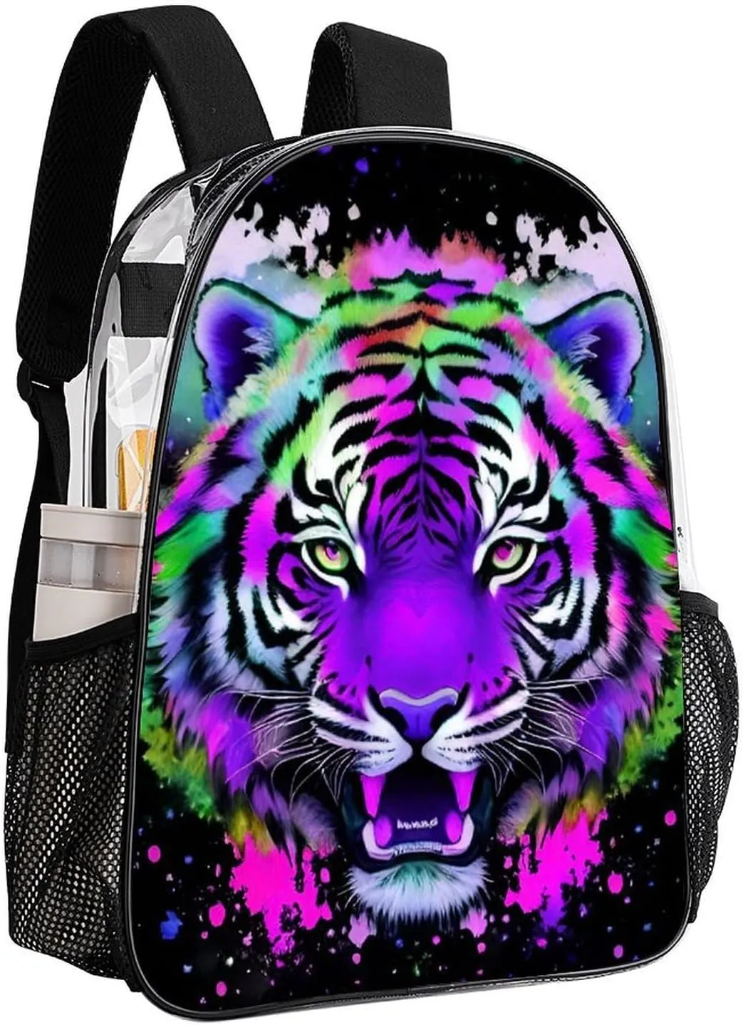 Men & Women Transparent Colorful Abstract King Of The Tiger Watercolor Art Backpack Large Capacity Bookbag With Smooth Zippers for Climbing Picnic Bicycle