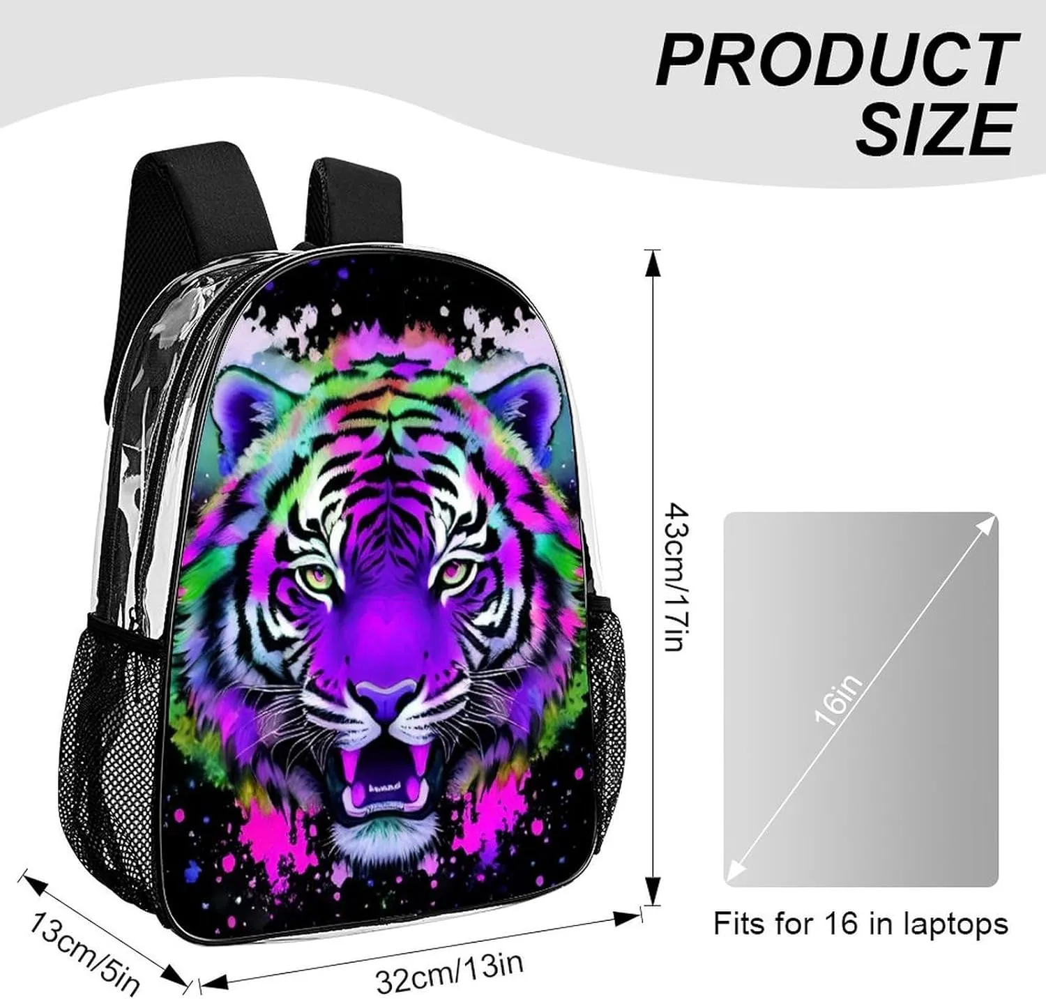 Men & Women Transparent Colorful Abstract King Of The Tiger Watercolor Art Backpack Large Capacity Bookbag With Smooth Zippers for Climbing Picnic Bicycle