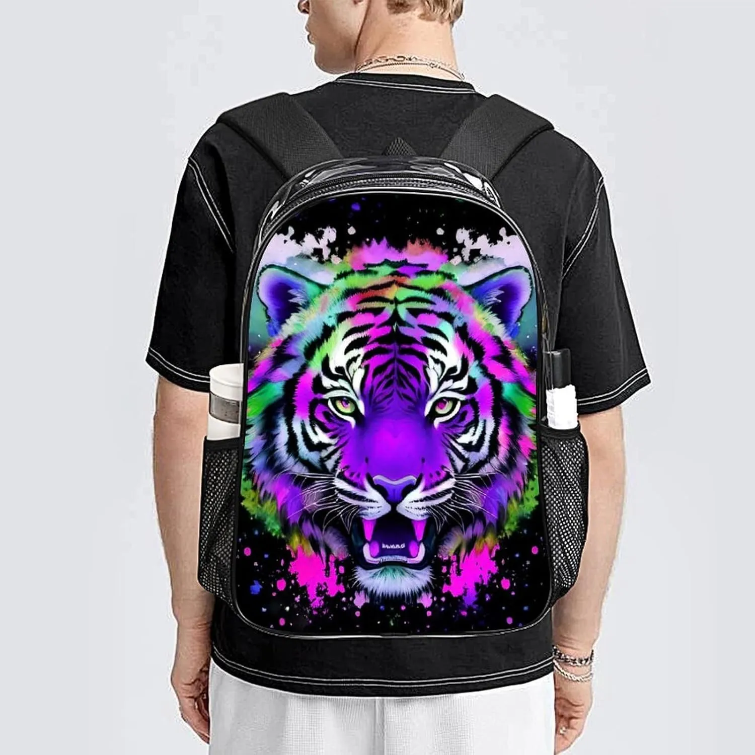 Men & Women Transparent Colorful Abstract King Of The Tiger Watercolor Art Backpack Large Capacity Bookbag With Smooth Zippers for Climbing Picnic Bicycle