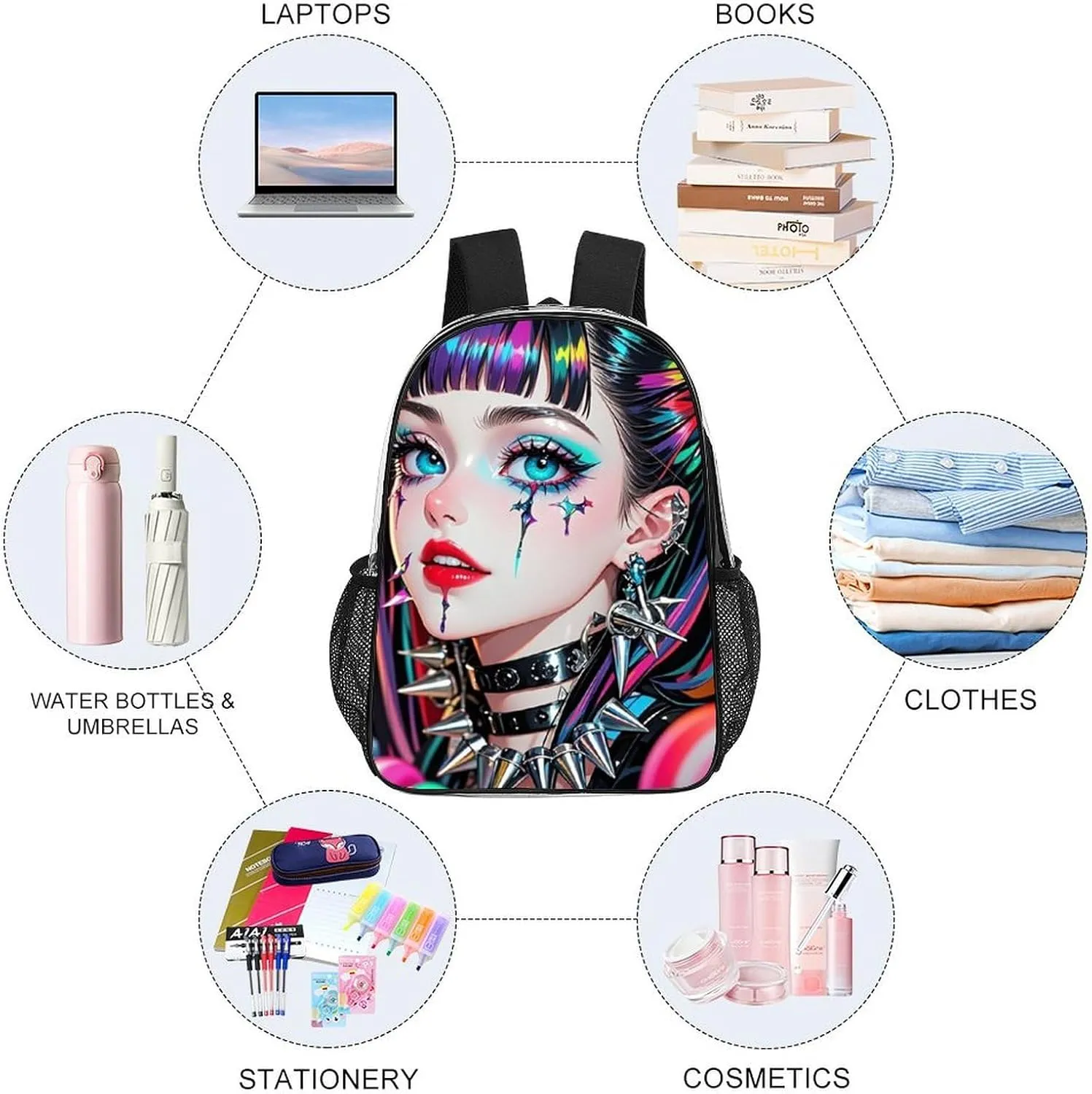 Men Women Lightweight Beautiful Gothic Women Neon Art Daypack Bookbag Big Capacity Carry On Bag Transparent Bag for Camping Travel Bicycle