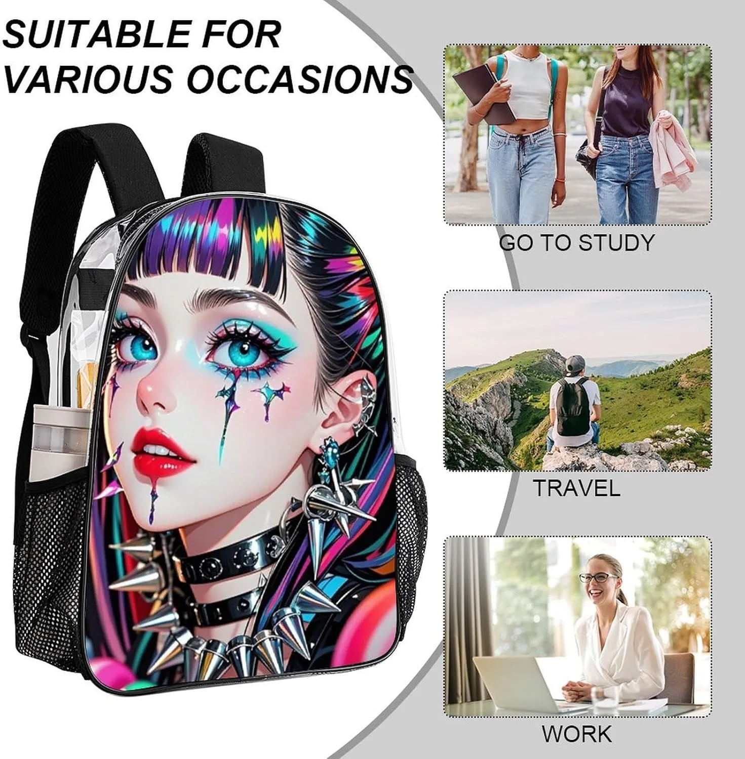 Men Women Lightweight Beautiful Gothic Women Neon Art Daypack Bookbag Big Capacity Carry On Bag Transparent Bag for Camping Travel Bicycle