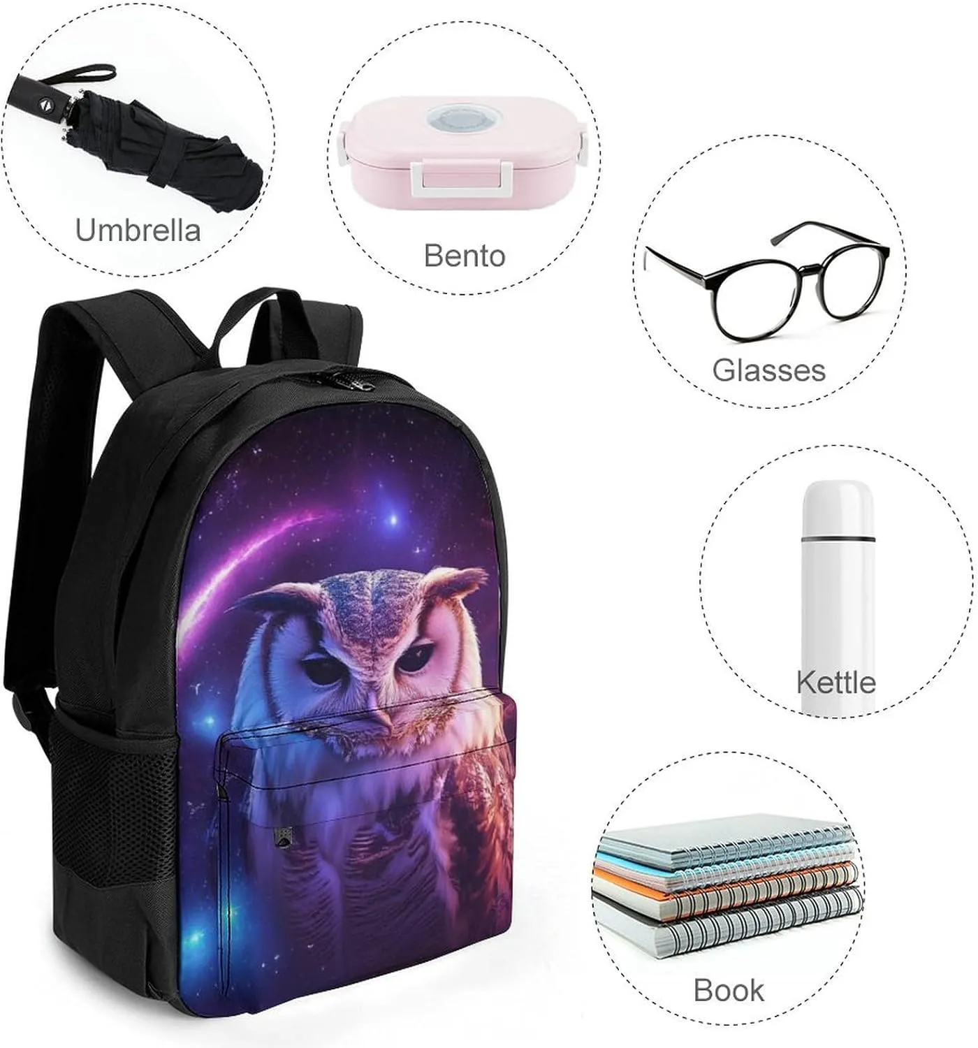 Men Women Lightweight Purple Blue Galaxy Owl Art Daypack Bookbag Big Capacity Carry On Bag With Side Pockets for Camping Travel Bicycle