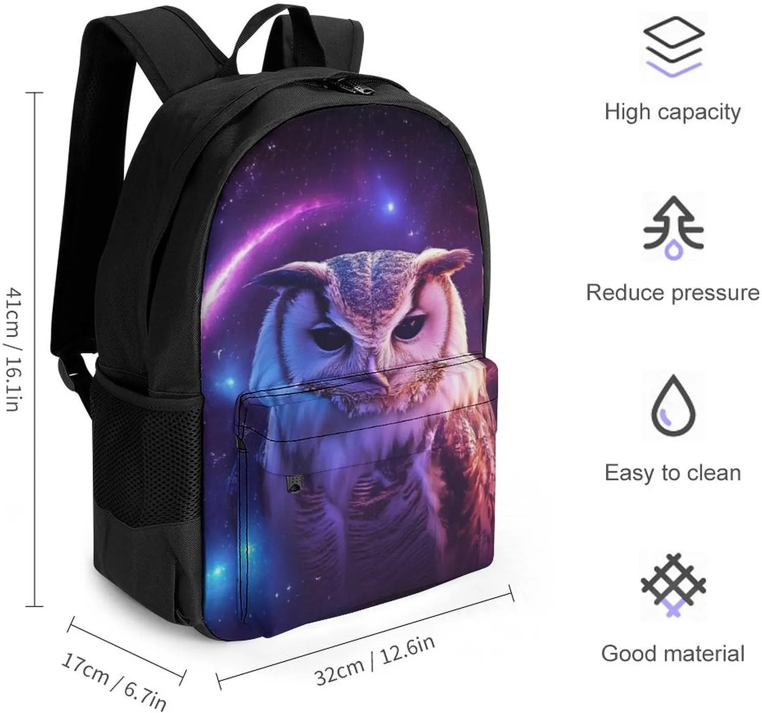 Men Women Lightweight Purple Blue Galaxy Owl Art Daypack Bookbag Big Capacity Carry On Bag With Side Pockets for Camping Travel Bicycle