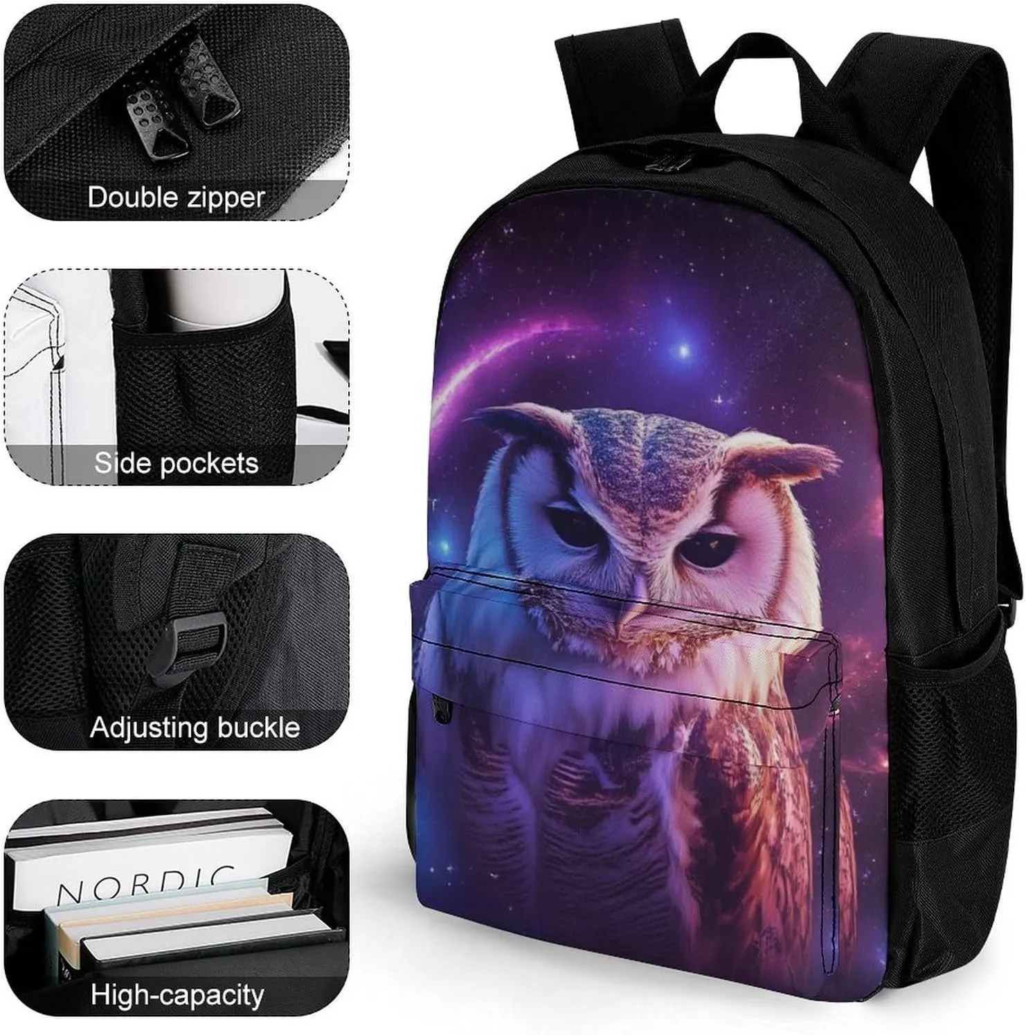 Men Women Lightweight Purple Blue Galaxy Owl Art Daypack Bookbag Big Capacity Carry On Bag With Side Pockets for Camping Travel Bicycle
