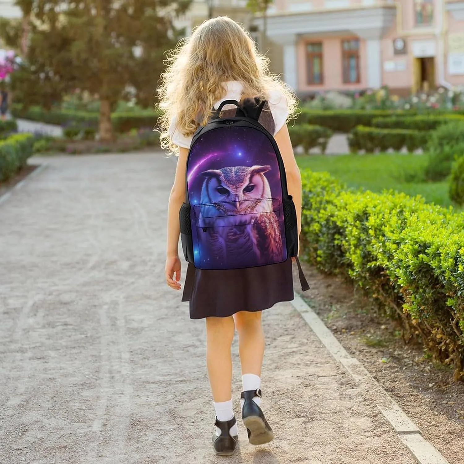 Men Women Lightweight Purple Blue Galaxy Owl Art Daypack Bookbag Big Capacity Carry On Bag With Side Pockets for Camping Travel Bicycle
