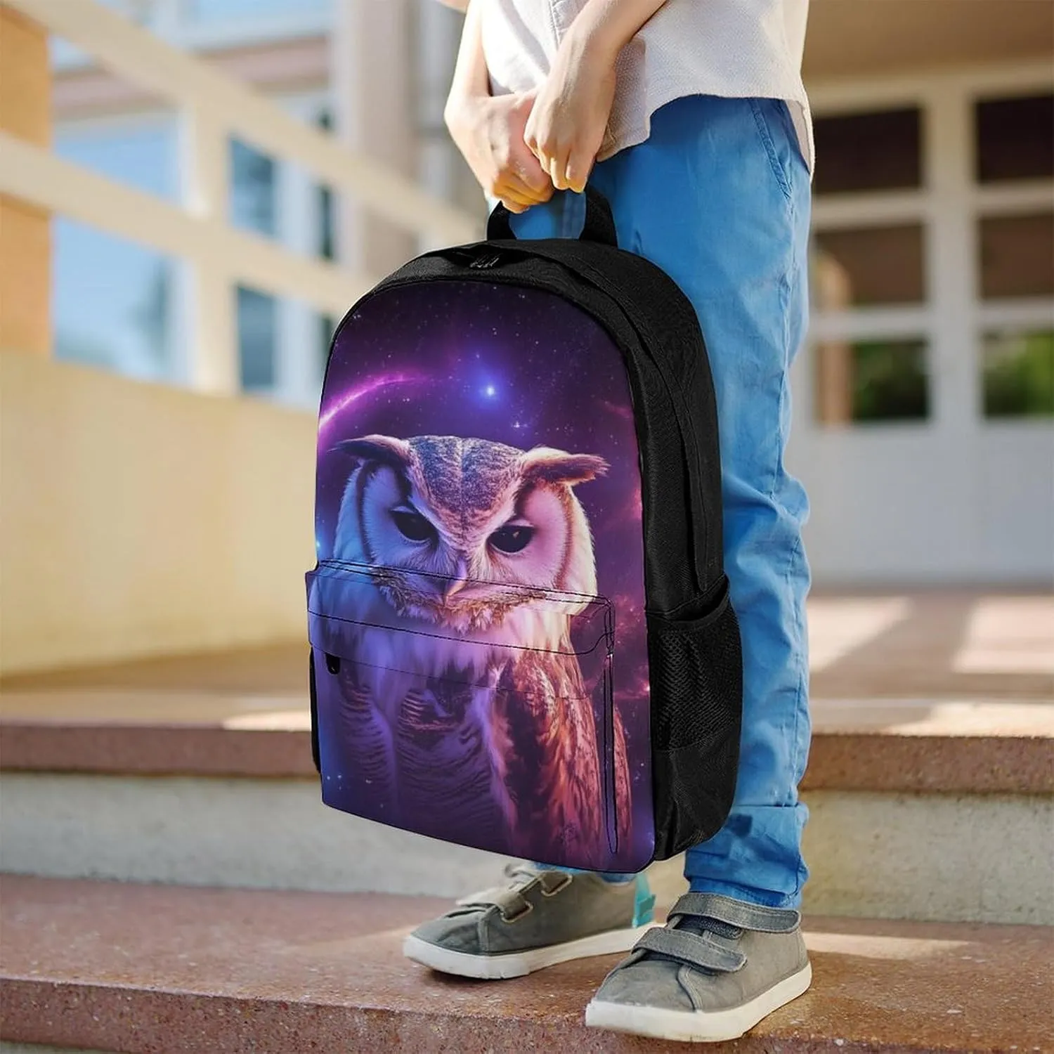 Men Women Lightweight Purple Blue Galaxy Owl Art Daypack Bookbag Big Capacity Carry On Bag With Side Pockets for Camping Travel Bicycle