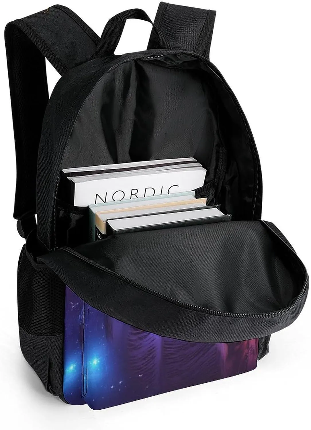 Men Women Lightweight Purple Blue Galaxy Owl Art Daypack Bookbag Big Capacity Carry On Bag With Side Pockets for Camping Travel Bicycle