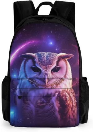 Men Women Lightweight Purple Blue Galaxy Owl Art Daypack Bookbag Big Capacity Carry On Bag With Side Pockets for Camping Travel Bicycle