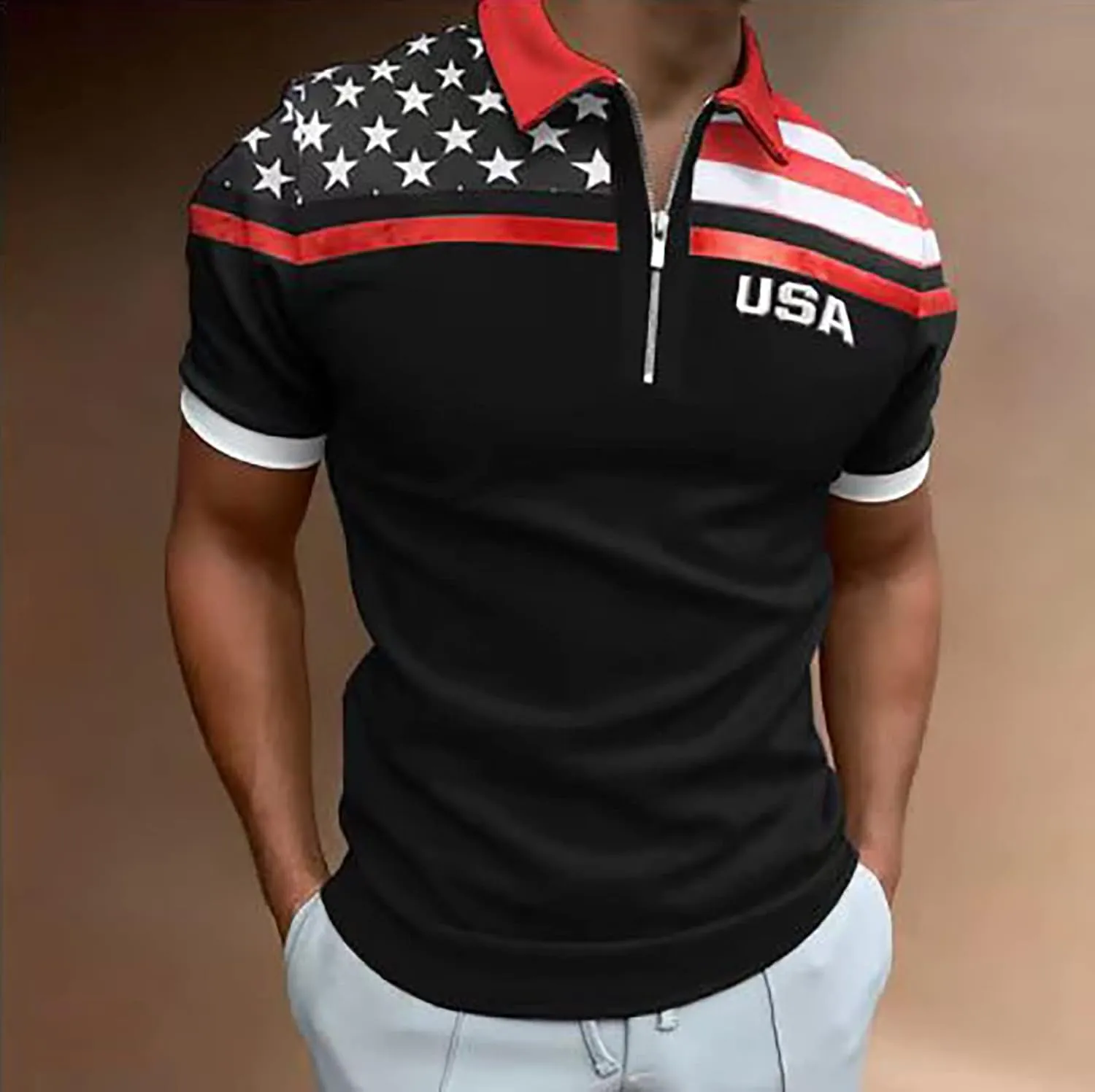 Men's American Flag Polo Shirt Short Sleeve 1/4 Zipper Patriotic Golf Shirts Funny Graphic Workout 4th of July