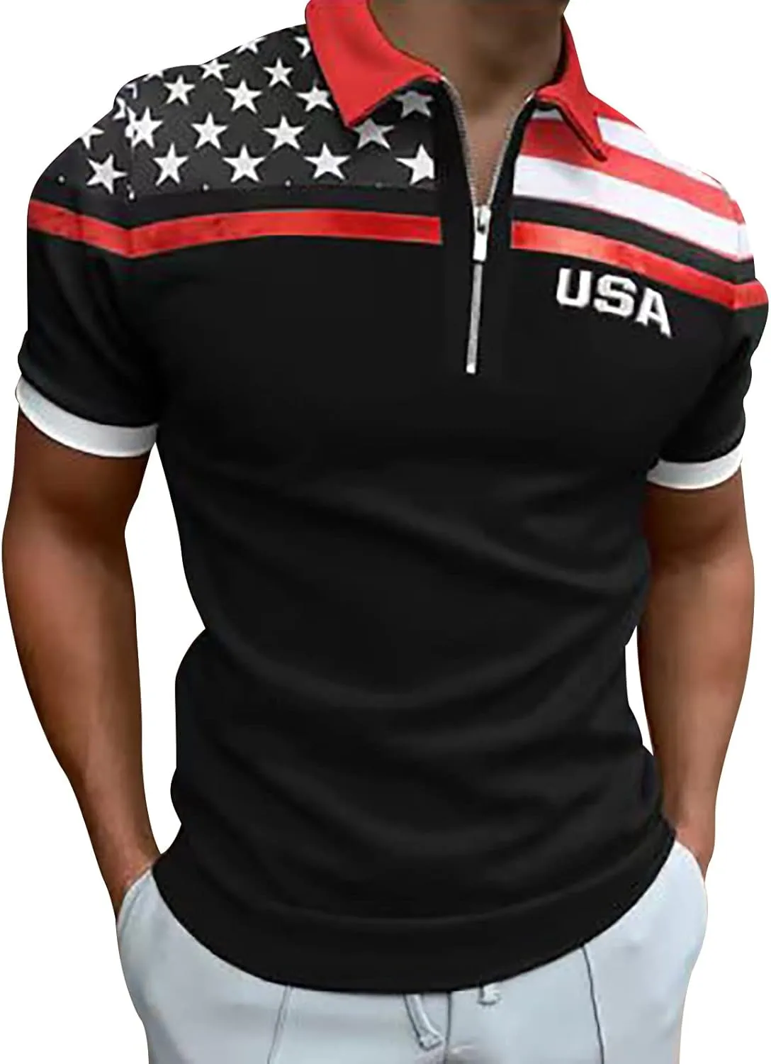 Men's American Flag Polo Shirt Short Sleeve 1/4 Zipper Patriotic Golf Shirts Funny Graphic Workout 4th of July