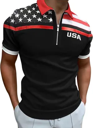 Men's American Flag Polo Shirt Short Sleeve 1/4 Zipper Patriotic Golf Shirts Funny Graphic Workout 4th of July