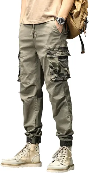 Men's Camouflage Pockets Military Cargo Pants Regular Fit Drawstring Cotton Tactical Pants