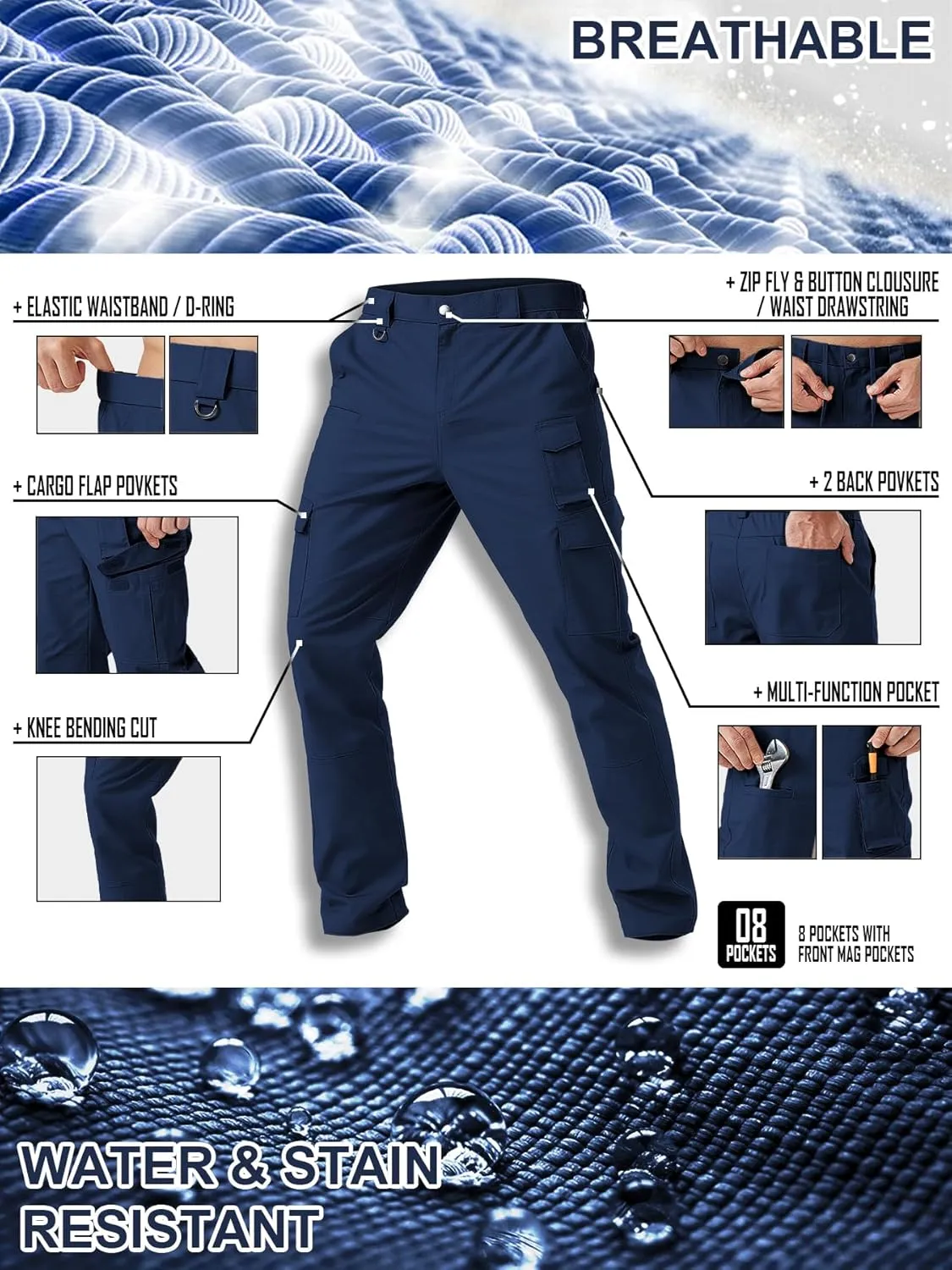 Men's Cargo Work Pants Water Resistant Tactical Pants 31.1" Lightweight Hiking Ripstop Pants Outdoor Apparel