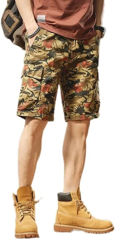 Men's Tactical Camouflage Cargo Shorts 100% Cotton Regular Fit Military Shorts with 6 Reinforced Pockets