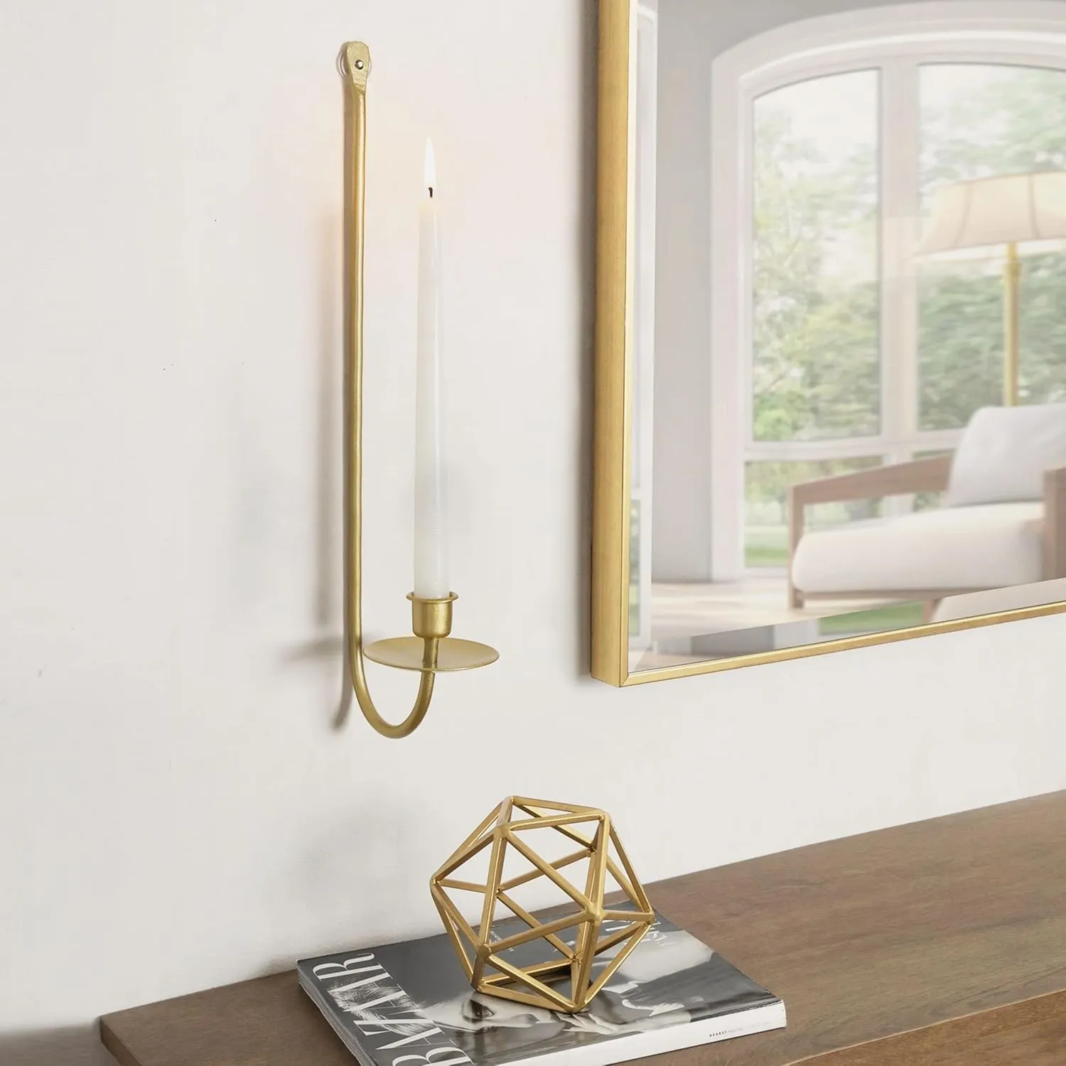 Metal Wall Candle Sconce Holder Set of 2 Wall Mount Candle Holder Pillar Holder Modern Wall Candle Sconces Hanging for Living Room Farmhouse Fireplace Wedding 16.5"×5"×3" (Gold)