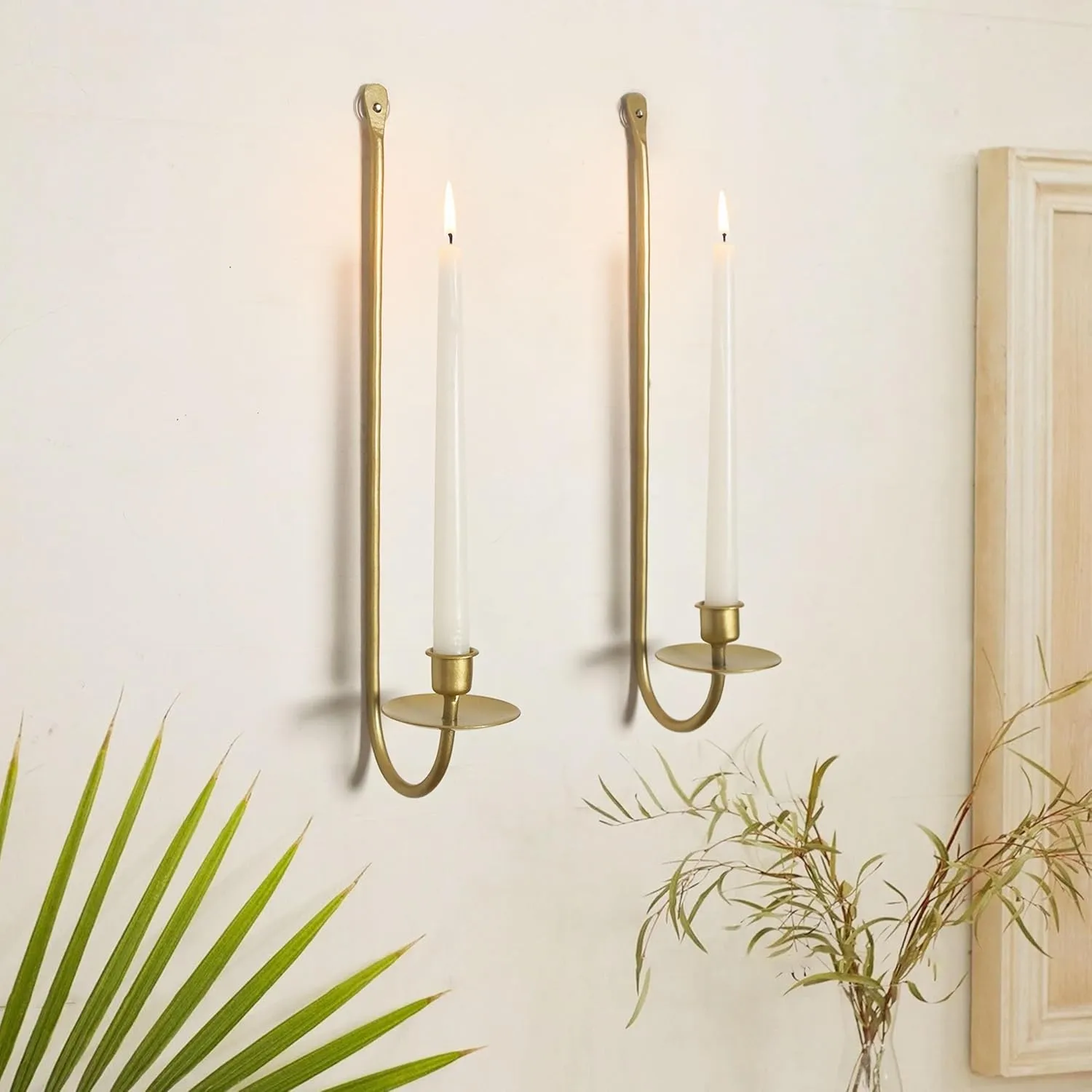Metal Wall Candle Sconce Holder Set of 2 Wall Mount Candle Holder Pillar Holder Modern Wall Candle Sconces Hanging for Living Room Farmhouse Fireplace Wedding 16.5"×5"×3" (Gold)