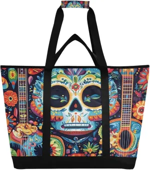 Mexican Style Guitar Pattern Reusable Insulated Lunchbox Cooler Bag, Leakproof Kitchen Grocery Bag Collapsible Portable Cooler Tote Bag for Picnic, Camping, Office, Travel