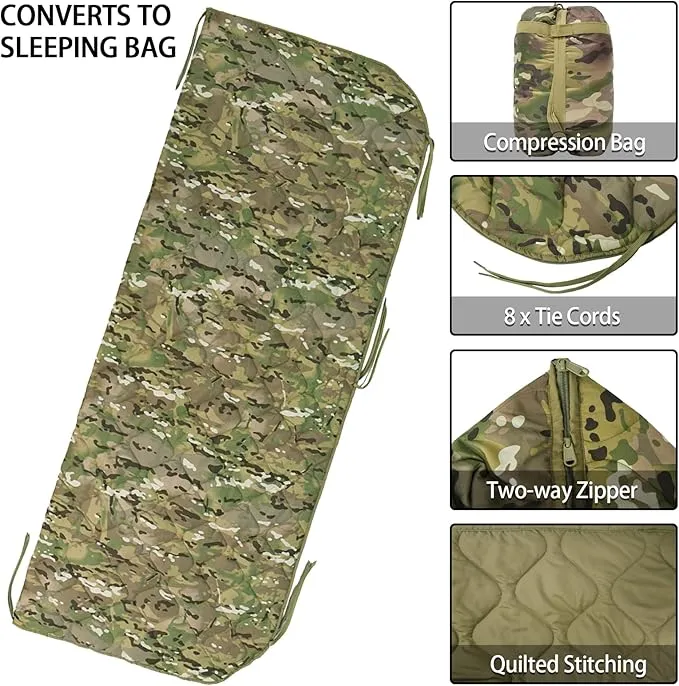 Military Poncho Liner with Zipper Camping Blanket Army Multicam Woobie Sleeping Bag Insulated Waterproof for Travel Outdoor Survival Hunting