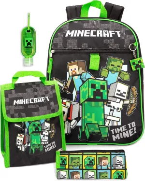 Minecraft Backpack for Kids 5 Piece Creeper Zombie School Lunch Bag Gamer