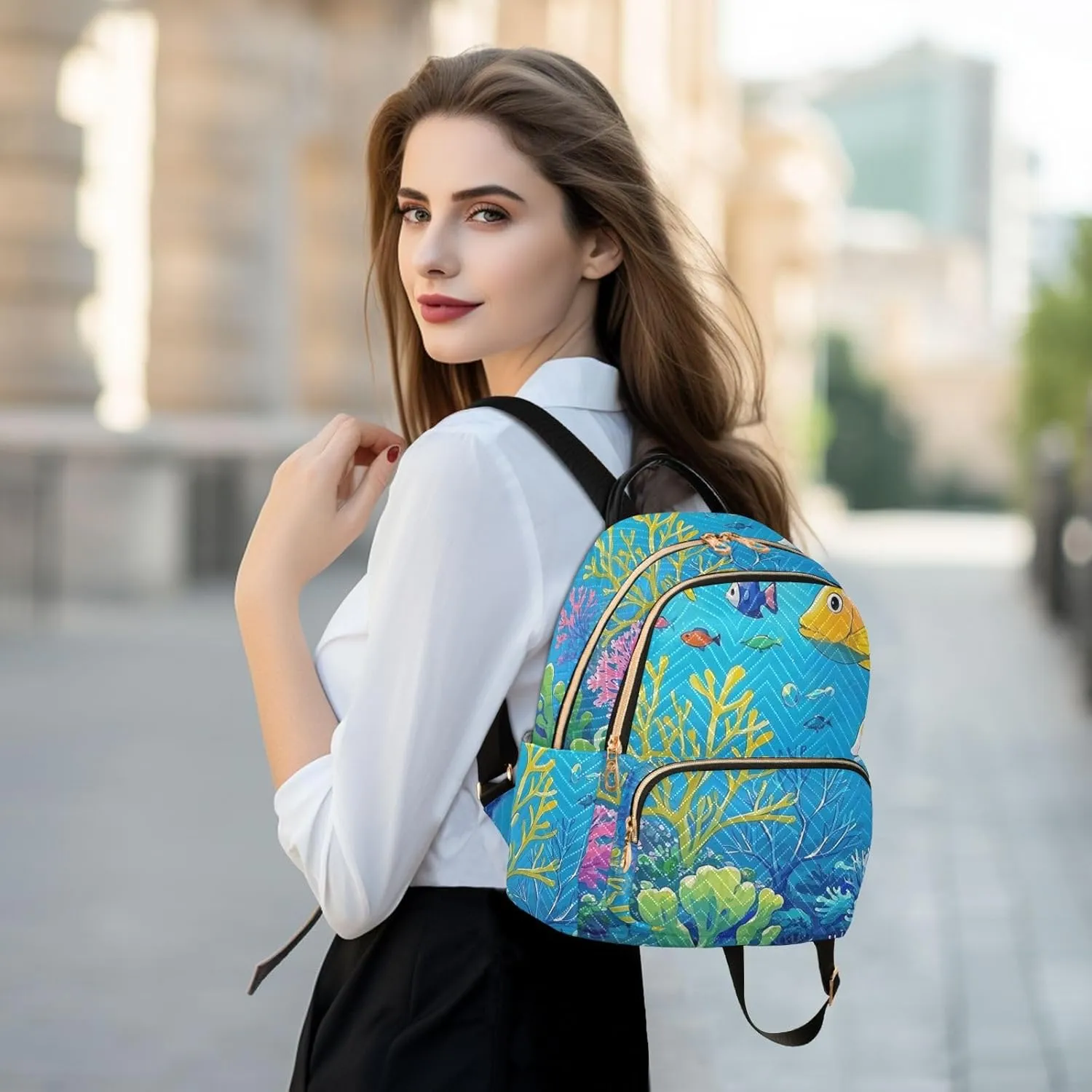 Mini Backpack Quilted Purse for Womens Small Backpack Daypack Coral Pattern for Travel Daily Work,Multi9