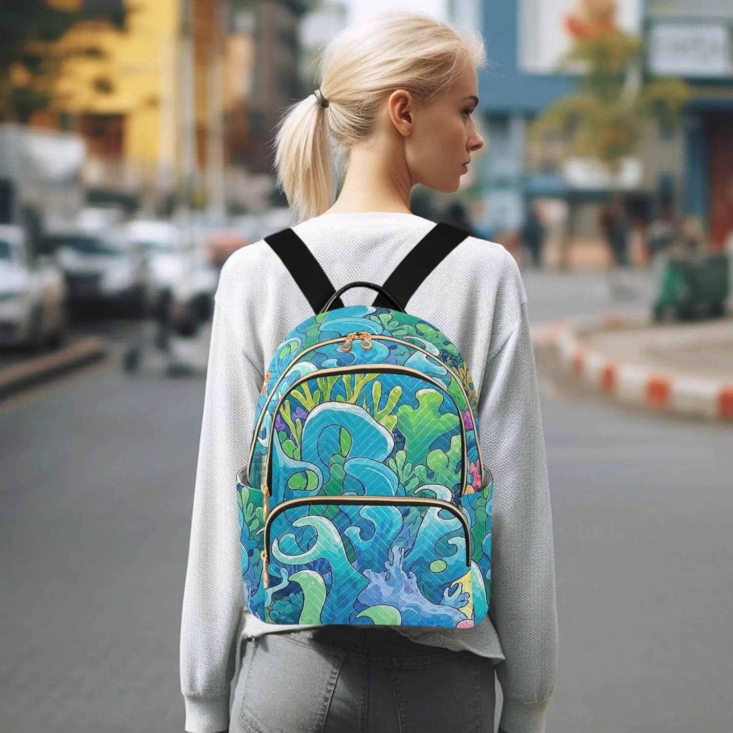 Mini Backpack Quilted Purse for Womens Small Backpack Daypack Coral Print for Travel Daily Work,Multi11