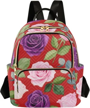Mini Backpack Quilted Purse for Womens Small Backpack Daypack Rose Design for Travel Daily Camping,Multi2
