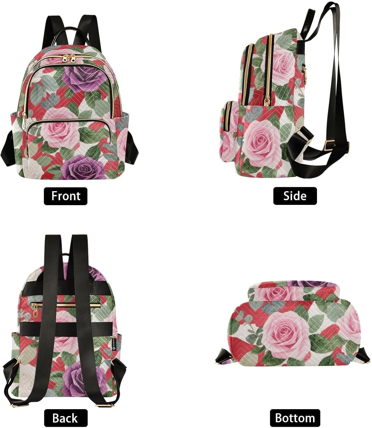 Mini Backpack Quilted Purse for Womens Small Backpack Daypack Rose Design for Travel Daily Camping,Multi3