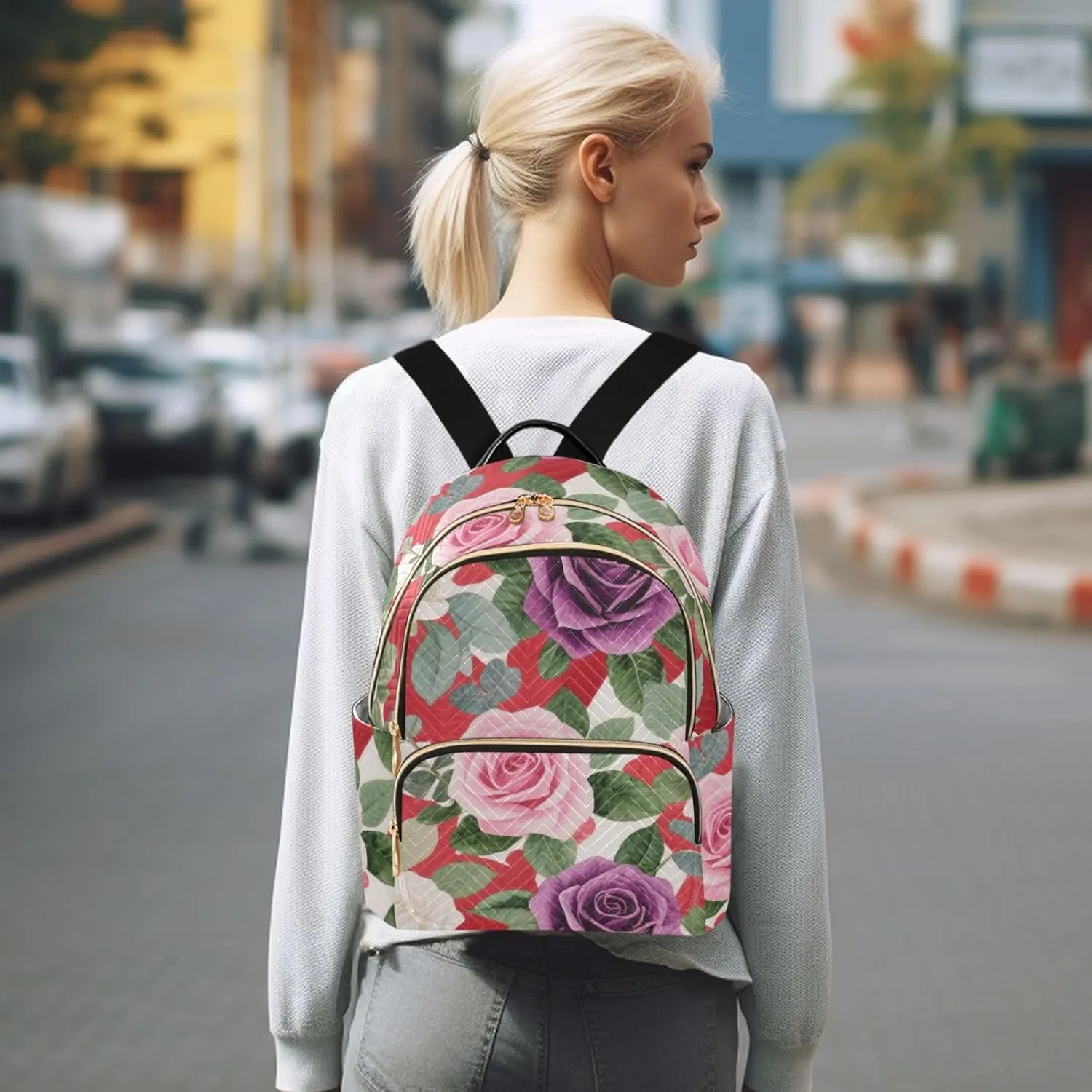 Mini Backpack Quilted Purse for Womens Small Backpack Daypack Rose Design for Travel Daily Camping,Multi3
