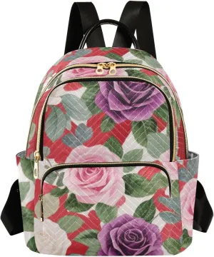 Mini Backpack Quilted Purse for Womens Small Backpack Daypack Rose Design for Travel Daily Camping,Multi3