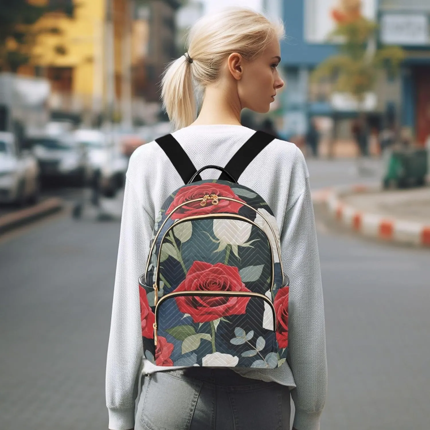 Mini Backpack Quilted Purse for Womens Small Backpack Daypack Rose Design for Travel Daily Work,Multi12