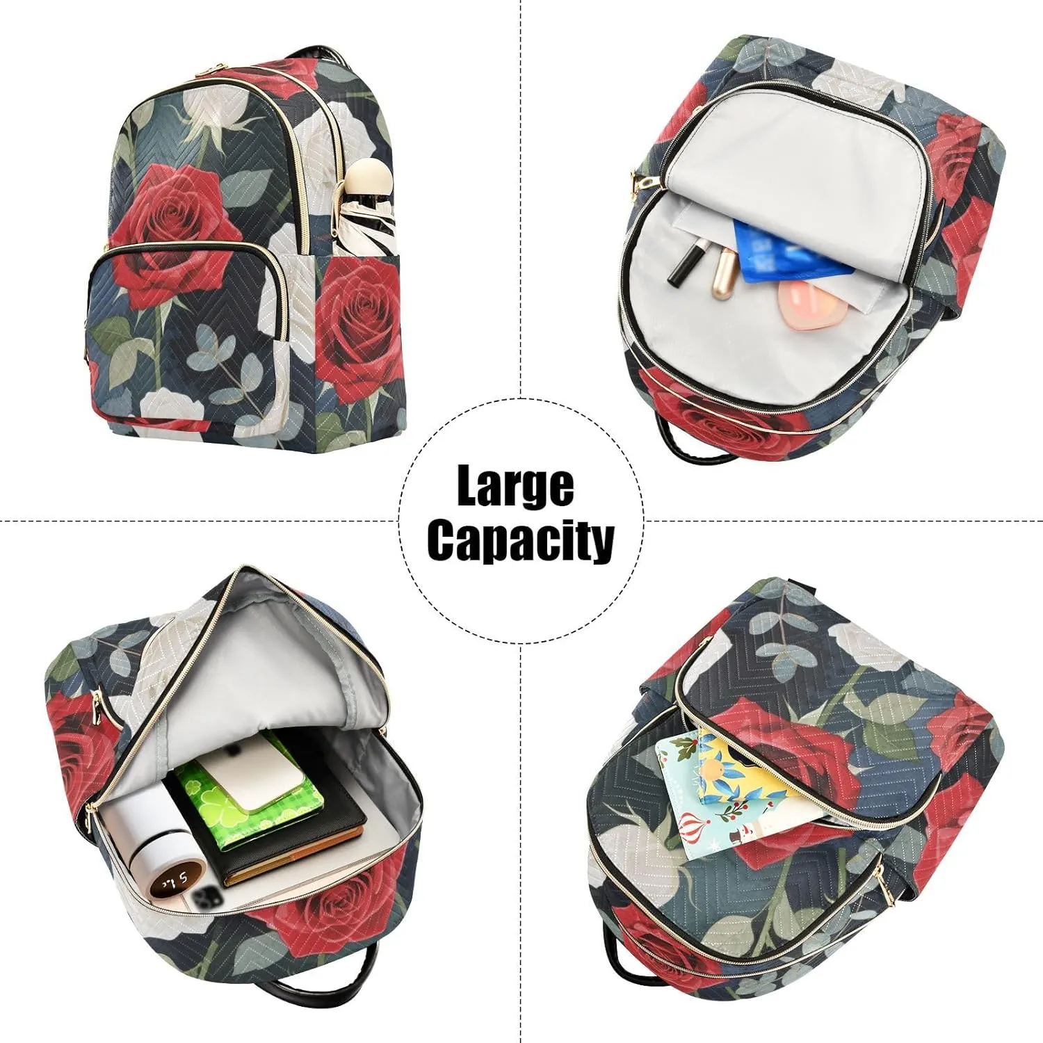 Mini Backpack Quilted Purse for Womens Small Backpack Daypack Rose Design for Travel Daily Work,Multi12
