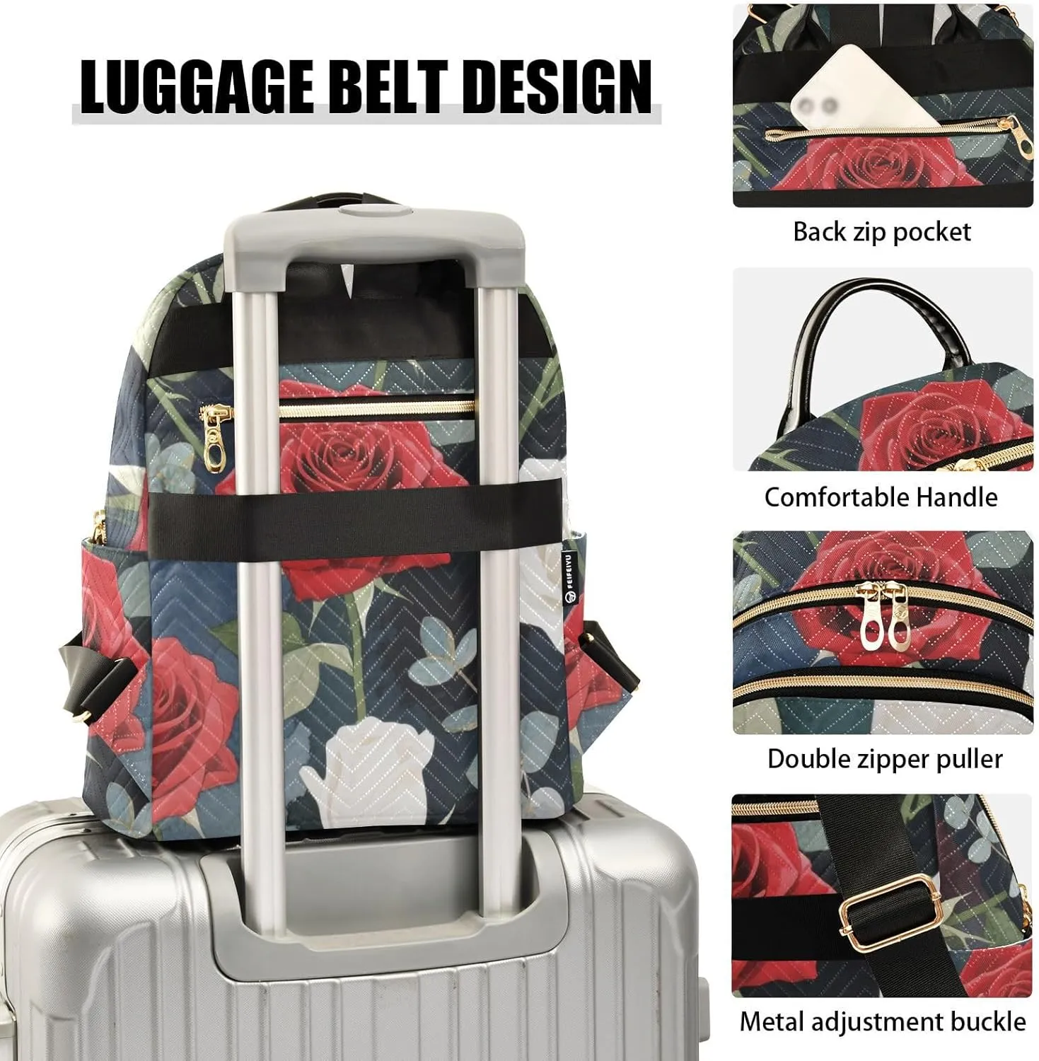 Mini Backpack Quilted Purse for Womens Small Backpack Daypack Rose Design for Travel Daily Work,Multi12