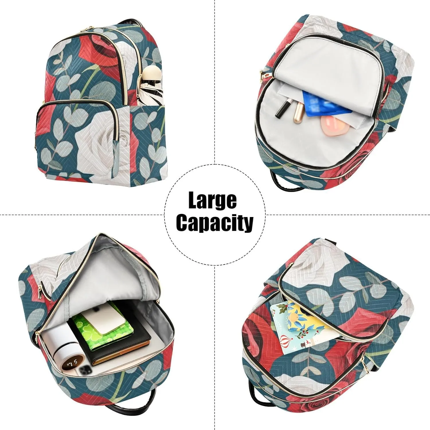 Mini Backpack Quilted Purse for Womens Small Backpack Daypack Rose Design for Travel Daily Work,Multi1